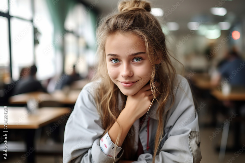 Generative ai made picture of intelligent happy smiling pupil at school classroom Generative ai made picture of intelligent happy smiling pupil at school classroom