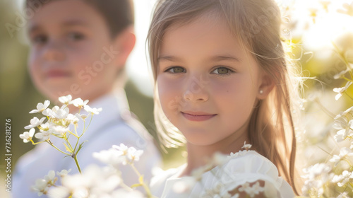 Two children, a girl and a boy in smart white clothes, go to church for their first communion.