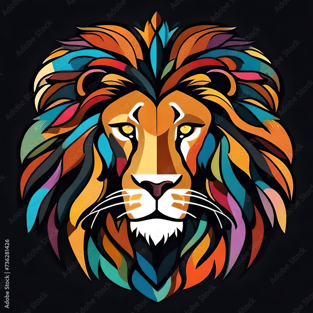 An elegant, minimalistic flat vector logo portraying a majestic lion's face in a colorful palette, set against a white solid background. HD camera shot. 