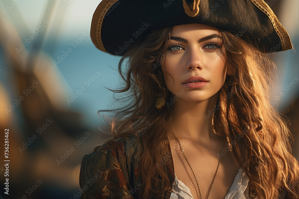 Fototapeta premium AI generated image of charming pirate woman swimming in the sea
