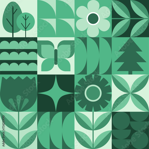 Geometric background. Flowers, leaves and butterfly in flat minimalist style.