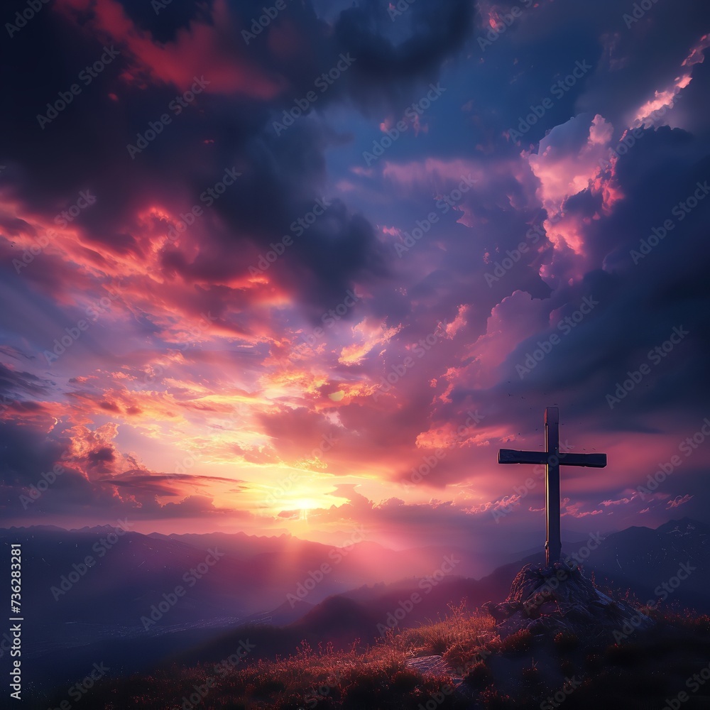 Jesus Christ cross. Easter, resurrection concept. Christian cross on a background with dramatic lighting, colorful mountain sunset, dark clouds and sky and sunbeams . Jesus Christ cross. Easter, resurrection concept. Christian cross on a background with dramatic lighting, colorful mountain sunset, dark clouds and sky and sunbeams .