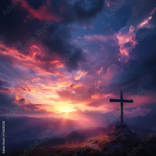 Jesus Christ cross. Easter, resurrection concept. Christian cross on a background with dramatic lighting, colorful mountain sunset, dark clouds and sky and sunbeams .