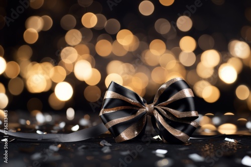 A luxurious black satin ribbon bow lying on a sparkling black background with soft bokeh lights, creating an atmosphere of sophisticated celebration.