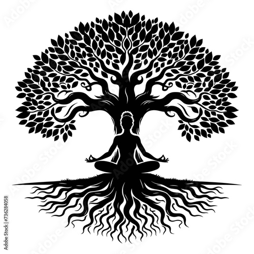 Silhouette of Tree of life with girl practicing yoga, generative ai, vector illustration.