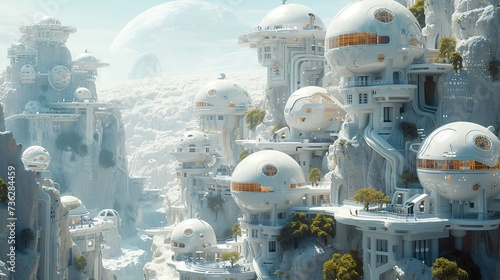 A science fiction cityscape showcasing futuristic domed habitats nestled within rocky terrain, under a distant planetary body. photo