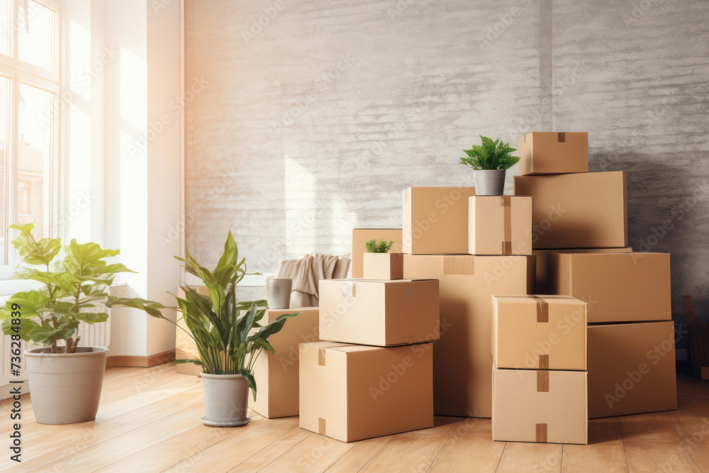 Many cardboard boxes on the floor against the wall in bright room. Moving, packing things,delivery. Many cardboard boxes on the floor against the wall in bright room. Moving, packing things,delivery.
