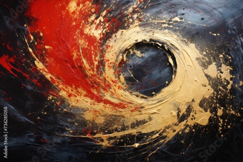 Abstract Color Dynamics. dramatic and explosive swirl of paint, with vibrant gold and red hues erupting into a black void, depicting motion and energy.