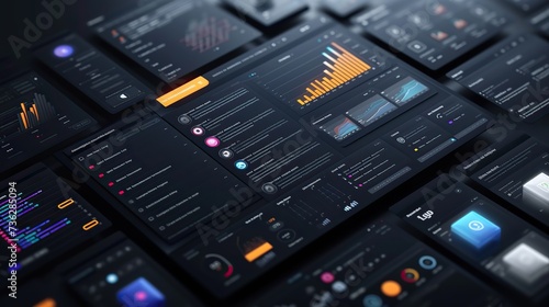 A collection of sophisticated user interface screens displaying analytics and data visualization in a sleek, dark mode theme.