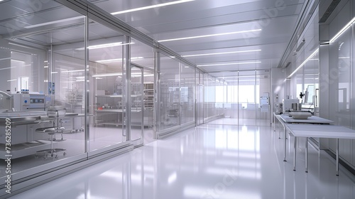 An ultra-modern medical laboratory featuring glass partitions, reflecting a clean and sterile environment with state-of-the-art equipment.