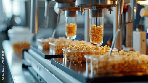 Close-up view of an automated packaging machine dispensing crispy snack foods into plastic containers on a production conveyor belt.