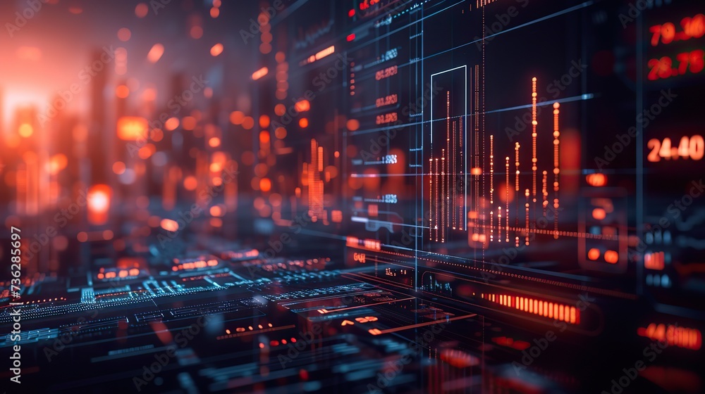 Fototapeta premium A digital representation of financial market data with glowing graphs and analytics on a futuristic interface.