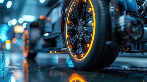 Close-up of glowing car rims on a vehicle, reflecting on a wet city street at night.