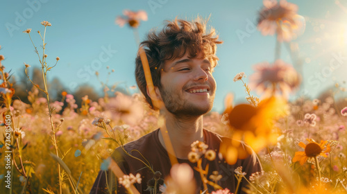 As the warm summer sun shines down upon him, a man stands in a vibrant field of flowers, his smile reflecting the beauty of nature surrounding him