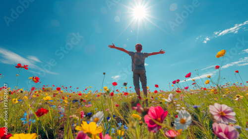 A solitary figure basks in the vastness of a flower-filled field, gazing up at the endless expanse of sky and the delicate poppies swaying in the gentle breeze