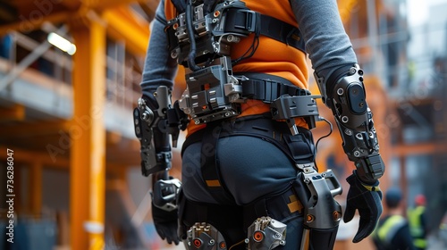 Back view of a construction worker wearing a robotic exoskeleton suit at a busy industrial site, enhancing strength and efficiency. photo
