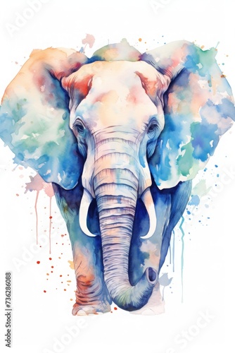 watercolor elephant drawing with paints. art illustration of a wild animal on a white background. drops and splashes.