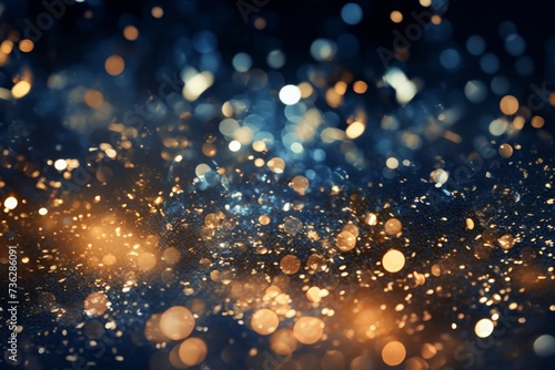 Abstract background featuring sparkling golden glitter over a dark blue bokeh effect  evoking a magical night sky.
