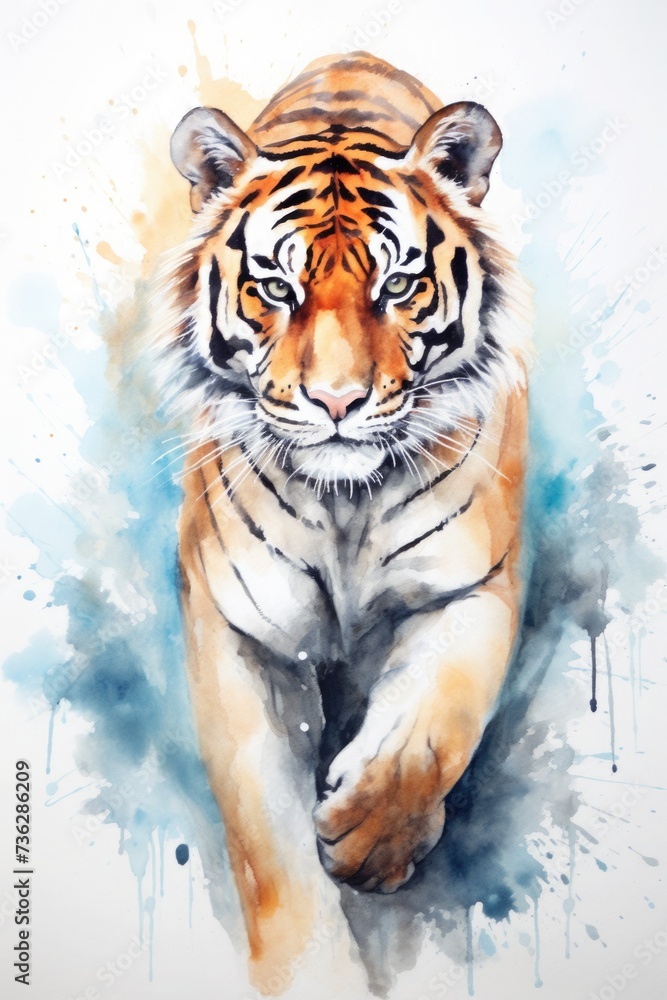 Naklejka premium watercolor tiger drawing with paints. art illustration of a wild animal on a white background. drops and splashes.