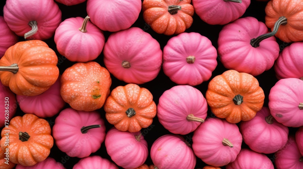 The background of many pumpkins is in Pink color - obrazy, fototapety, plakaty 