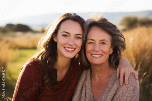 Beautiful 50s mother and late teen daughter with big smile walking outdoor among long grasses