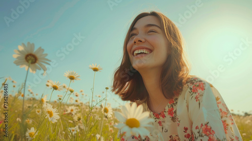 A joyful woman radiates happiness as she stands in a sun-kissed field of vibrant oxeye daisies, her smiling face and colorful clothing blending seamlessly into the natural beauty of the summer sky