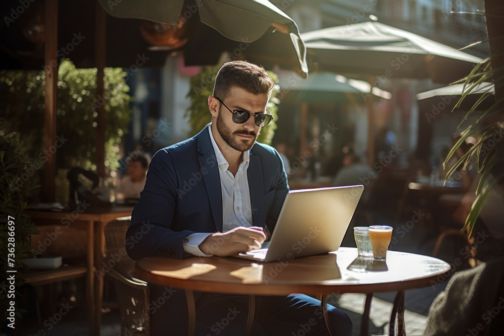 Fototapeta premium Stylish Businessman Working at Outdoor Café