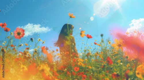 Amidst a sea of vibrant flowers  a woman stands in awe of the endless summer sky  lost in the beauty of coquelicot and cosmos blooms