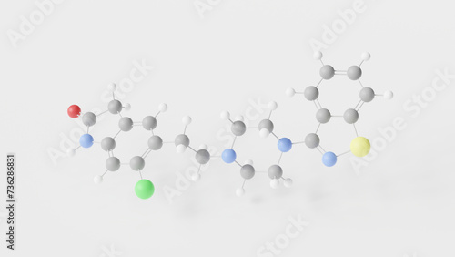 ziprasidone molecule 3d, molecular structure, ball and stick model, structural chemical formula atypical antipsychotic