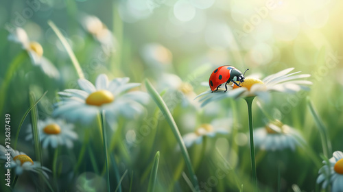 A vibrant ladybug perches on a delicate daisy, basking in the warmth of the sun amidst a lush field of grass and wildflowers in the beautiful outdoors
