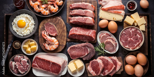 Obraz na płótnie Carnivore's Delight of Spread of Raw Meat, Eggs, and Cheese - carnivore keto sea