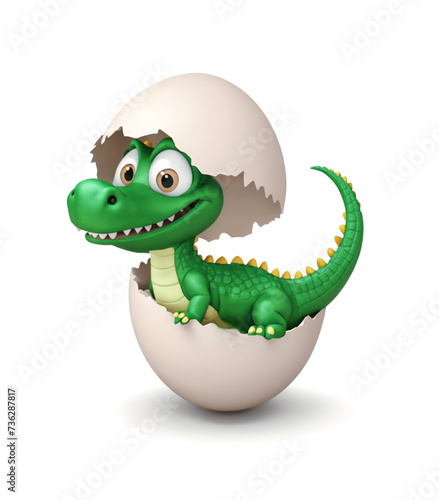 3d render of cartoon character crocodile alligator is hatching from an egg. The baby has a cute expression with big eyes and a small nose on white background