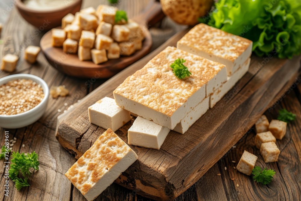 Vegan cuisine with tofu and tempeh on wooden background Vegan cuisine with tofu and tempeh on wooden background