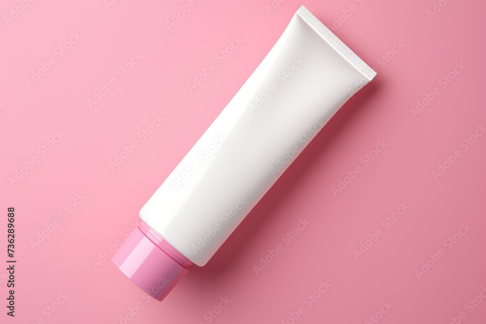Meticulously placed white tube with a soft pink cap sits poised on a delicate pink background, encapsulating the essence of skincare elegance Meticulously placed white tube with a soft pink cap sits poised on a delicate pink background, encapsulating the essence of skincare elegance