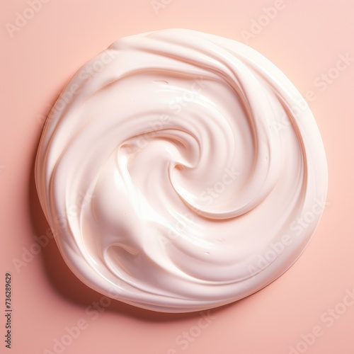 Swirling dollop of white cream creates a luxurious texture against a soft pink background, embodying the essence of skincare elegance