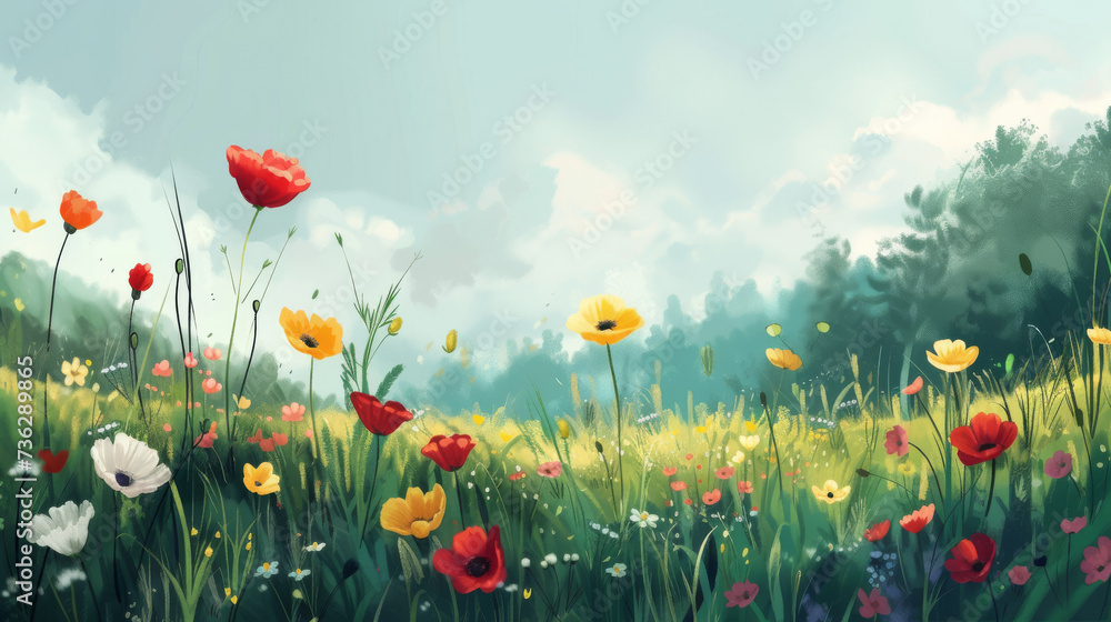 A picturesque spring landscape filled with vibrant poppies and coquelicots swaying in the gentle breeze, surrounded by lush green grass and under a clear blue sky