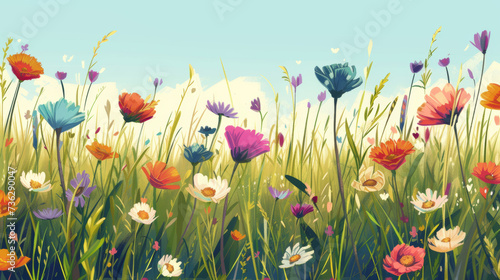 A vibrant canvas of colorful poppies and delicate tulips sway in the spring breeze  amidst a sea of lush grass and endless blue skies