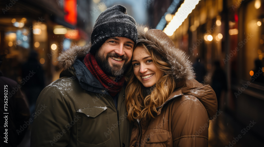 Close-up Portrait of an happy couple with winter clothes with a blurry night street and lights in background