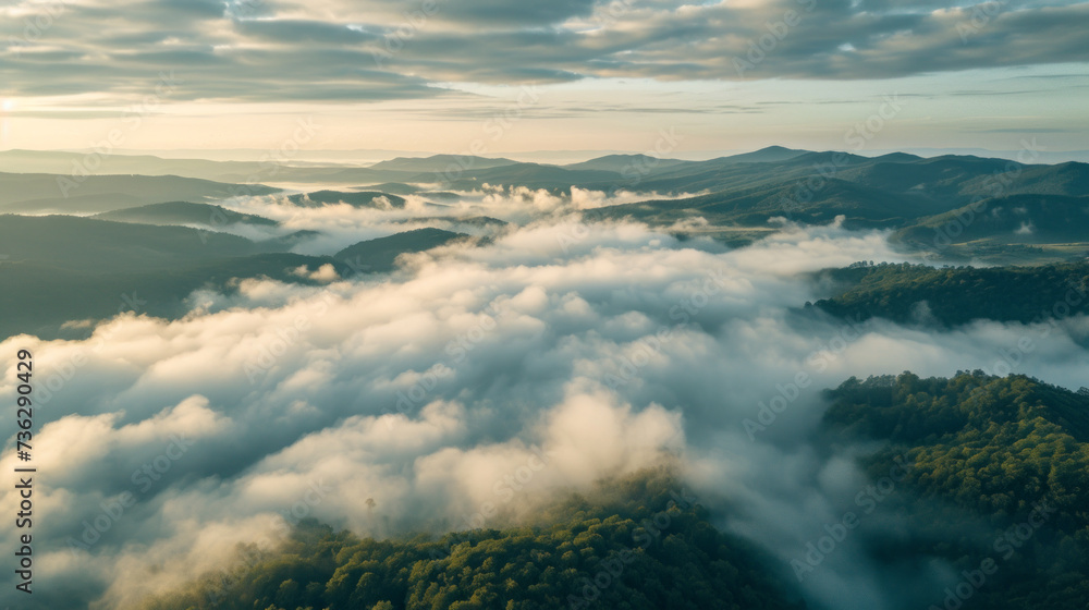 Aerial forest low mountains landscape in the morning gold light with lots of low clouds into the valleys and a hazy sky