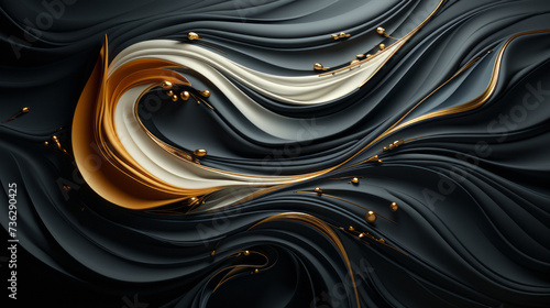 Abstract background with lots of fold waves of soft matters in grey orange white and anthracite colors with some shiny and thin gold curves and spheres