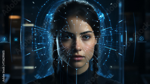 Futuristic Face scanning system with many circular thin blue lines in front of a mixed Woman front face with long black hair and blurry dark background