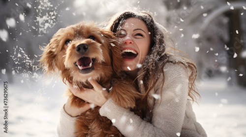 Laughing Woman with long brown hair without hat playing with her happy brown dog under the snow with a blurry background