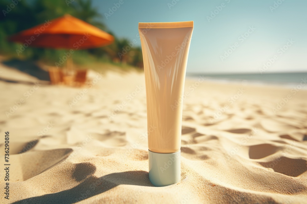 Close up of sunscreen standing on the warm sand, symbolizing skin protection and care during sunny beach days, blurred background