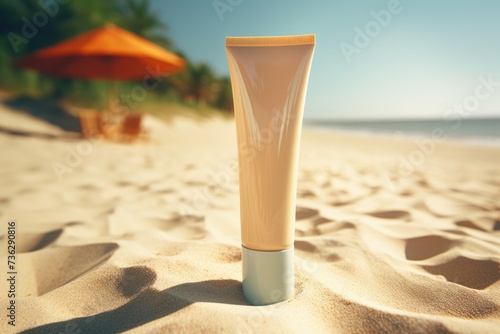 Close up of sunscreen standing on the warm sand, symbolizing skin protection and care during sunny beach days, blurred background photo