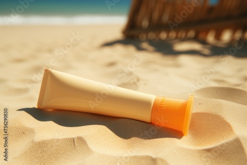 Close up of sunscreen lying on the warm sand, symbolizing skin protection and care during sunny beach days, blurred background