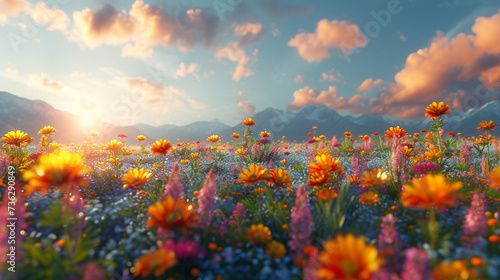 As the fiery sun sets over the rugged mountains, a vibrant field of wildflowers stretches towards the endless sky, creating a breathtaking landscape of natural beauty