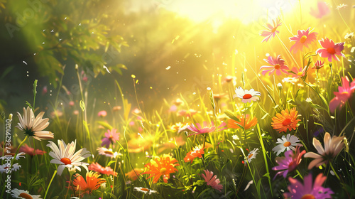 A vibrant field of blooming flowers basks in the warm sunlight, as their delicate petals dance in the gentle breeze of a blissful spring day © Reiskuchen