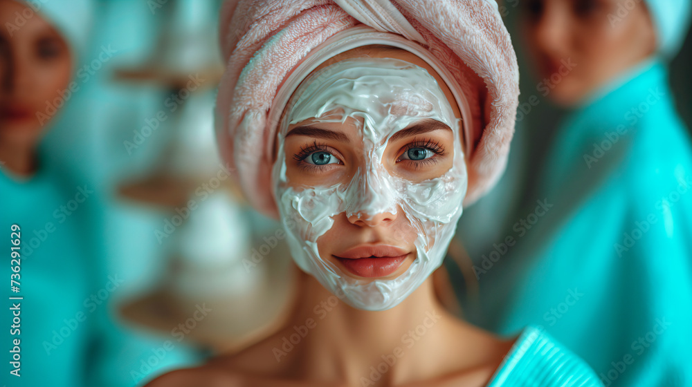 30s latina woman in a spa with a face mask and a towel, front view, relaxed at the spa 30s latina woman in a spa with a face mask and a towel, front view, relaxed at the spa