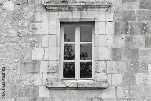 a window on a limestone wall, a black and white photo of a window and a bench