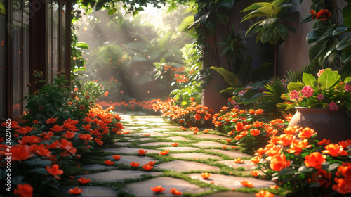 Amidst a lush botanical garden, vibrant orange flowers and trees bloom with the promise of a fruitful outdoor oasis photo